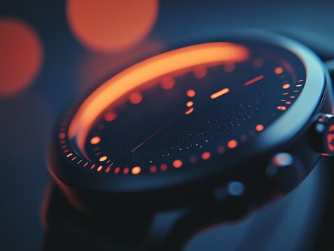 Close-up of a modern wristwatch with a black face and orange highlights, set against a blurred background of warm lights.
