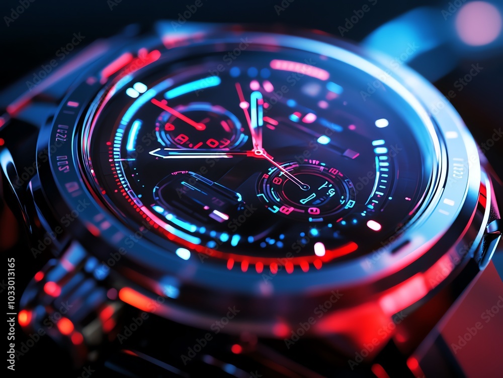 Poster A close-up of a futuristic wristwatch with a glowing digital display and red and blue accents.