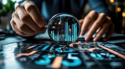 Close-up of Auditor Using Magnifying Glass for Audit and Fraud Investigation, Top-down Circular Arrangement View with Gentle Curves