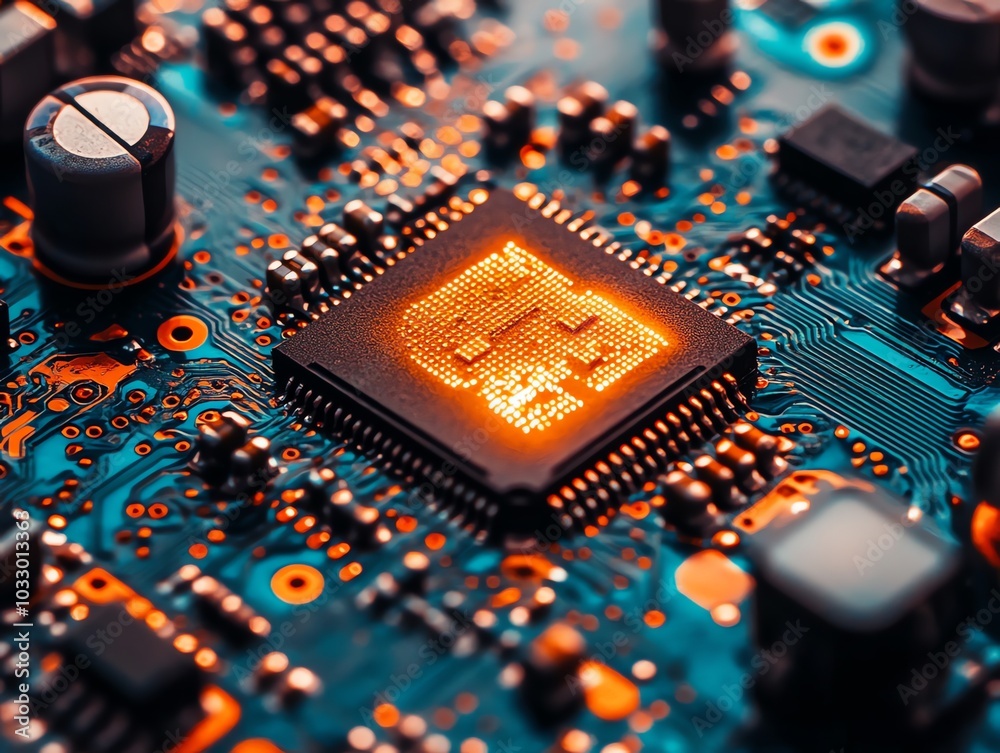 Poster a close-up of a glowing cpu chip on a circuit board.