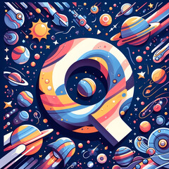 우주 배경, 알파벳 대문자 "Q", 애니메이션 아트 (space background, Alphabet capital "Q", animation art)