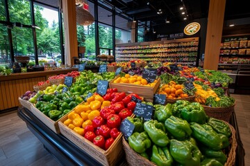 Fototapeta premium A neighborhood grocery store with fresh produce on display, emphasizing organic and local items