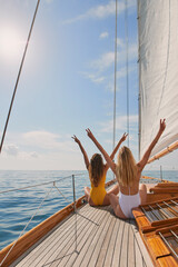 Friends, girls or travel for holiday on yacht with freedom, peace sign or summer celebration. Back,...