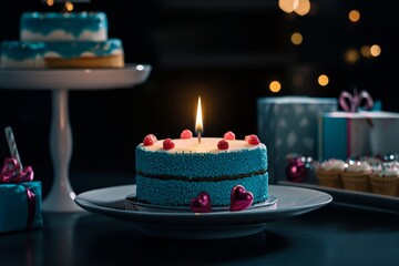 A single candle flame glowing softly in the darkness, illuminating a celebration table with cakes and presents