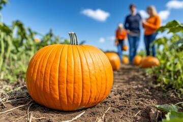 A trail through a pumpkin farm, with families picking their favorites under the warm sun