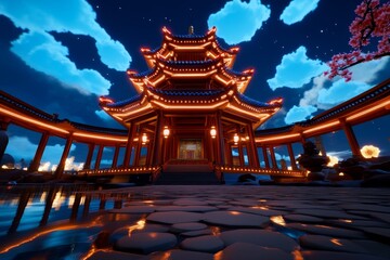 Fototapeta premium A virtual temple glowing in neon vermillion, floating in a digital landscape