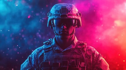 Fototapeta premium Neon Military Army Man Holographic Gradient - Vibrant and Cosmic Stock Photo for Modern Designs