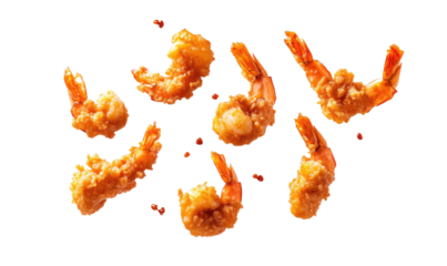 Fried shrimp falling on transparent background