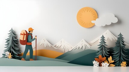 Fototapeta premium Intricate Paper Cut Backpacker Figure Trekking on a Serene and Layered Forest Trail Perfect for Hiking Camping and Nature Inspired Decor