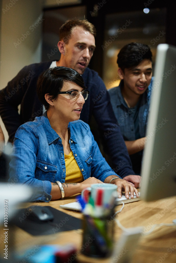 Aufkleber Business people, computer and collaboration for diversity, information technology or coding at night. Research, programming and teamwork for problem solving, software development or cybersecurity app