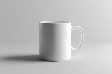 White ceramic mug with a handle on a white background.