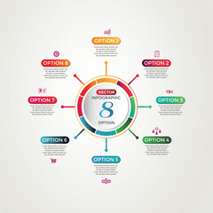 Infographic circular diagram with 8 options, designed as a round chart ideal for business analytics, data visualization, and presentations. vector-style illustration for a clean and professional look