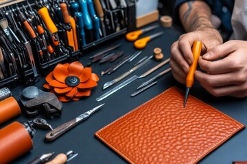 An artisan crafting leather goods, with tools and materials neatly spread on a workbench