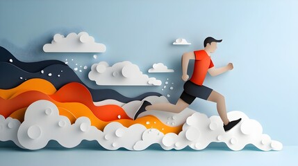 Vibrant and dynamic paper cut of marathon runners in motion featuring layered textures and flowing lines for a bold contemporary athletic decor