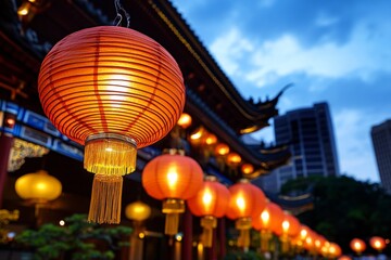 Naklejka premium Chinese lanterns glowing with vibrant vermillion light, swaying gently under twilight skies