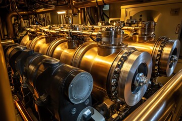 Fototapeta premium Close up of a row of four shiny, copper-colored industrial cylinders with valves, pipes and gears.