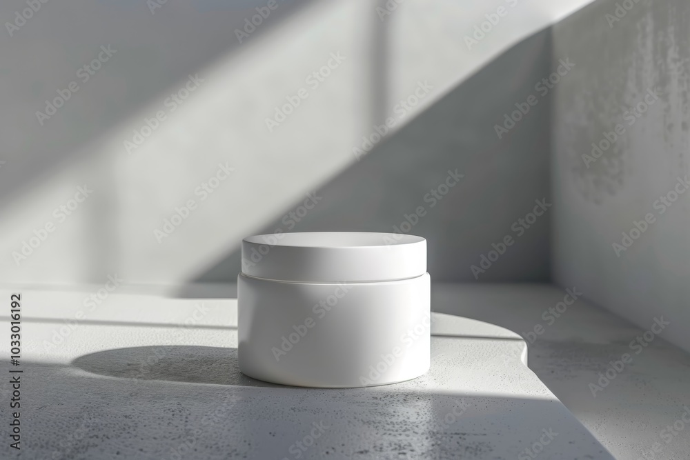 Poster White jar container on a white background with soft shadows from natural light.