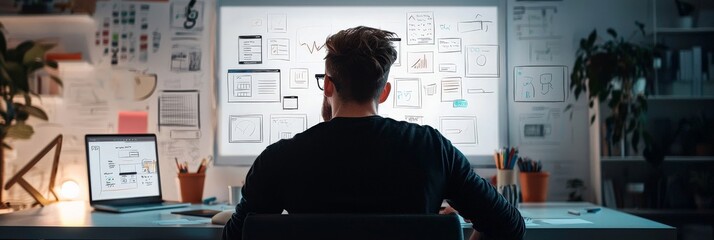 A UX designer leading a brainstorming session, drawing interface sketches on a whiteboard in a creative studio