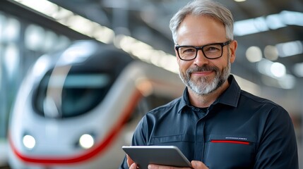 Engineers Reviewing Work Instructions on a Digital Tablet While Inspecting and Maintaining an Industrial Train in a Garage Facility  Concept of Technology Workflow and Industrial Maintenance
