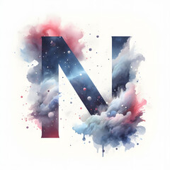 알파벳 대문자 "N", 우주컨셉 디자인 수채화 (Alphabet capital "N", space concept design water colour)