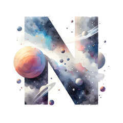 알파벳 대문자 "N", 우주컨셉 디자인 수채화 (Alphabet capital "N", space concept design water colour)