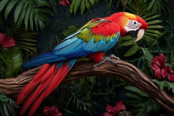 Fototapeta premium Parrot perched on a tropical branch, with bold and detailed feathers