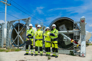 engineers in safety gear inspecting a wind turbine blade section on a construction site. They examine the metal framework with precision. Renewable energy project under a clear blue sky.