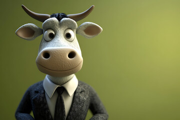 A cartoon cow in a suit, exuding a friendly and professional demeanor.