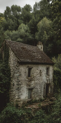 Casa de pedra r&uacute;stica cercada por &aacute;rvores altas
