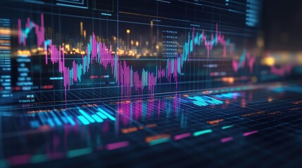 Fototapeta premium Dynamic Financial Data Visualization with Futuristic Digital Interface and Stock Market Analysis Graphs