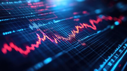 Dynamic Financial Data Visualization with Stock Market Graphs and Digital Interface in Blue and Red Tones