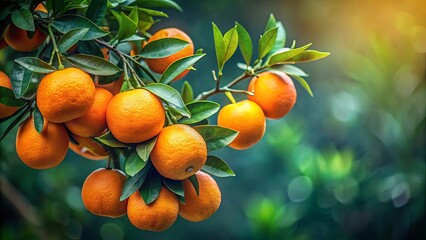 A Bountiful Harvest of Ripe Oranges Hanging from a Branch, Bathed in Warm Sunlight