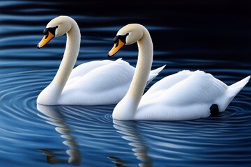 Fototapeta premium Soft watercolor painting of swans on a lake, with pastel blues and whites blending softly