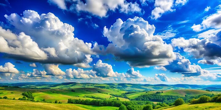 A serene panorama of rolling hills and lush meadows beneath a vast expanse of cumulus clouds, bathed in the soft light of a sunlit sky.
