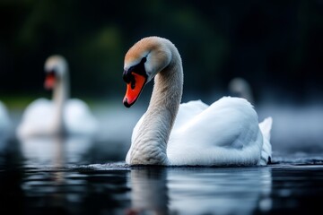 Obraz premium Swans swimming through mist on an early morning lake, with soft ripples following them