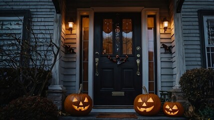 Obraz premium halloween pumpkin on the door, Welcoming house porch is glowing with carved pumpkins and string lights