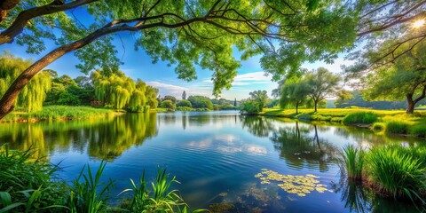 A Serene Reflection of Nature's Beauty A Tranquil Lake Surrounded by Lush Greenery and a Canopy of Vibrant Tree Branches