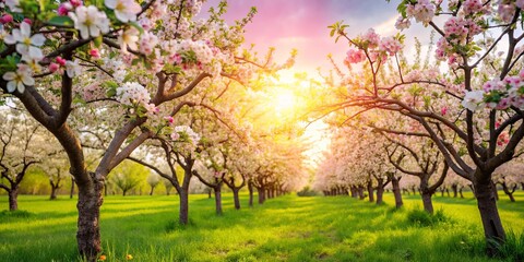 Obraz premium A Blossoming Pathway Through a Grove of Delicate Pink and White Flowers, Bathed in the Golden Light of Sunset