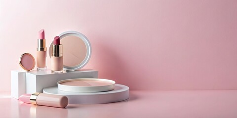 Aerial make up product on white podium against pink pastel background