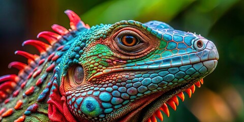 Obraz premium A vibrant reptile with intricate scales and an alert gaze, showcasing a captivating spectrum of colors in its plumage.