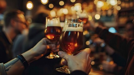 Happy friends group drinking beer at brewery bar restaurant, toasting bear glass, Thanksgiving day, Thanksgiving day celebration, Oktoberfest