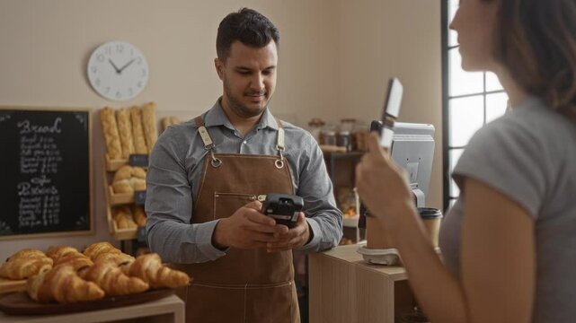 Man working in bakery takes payment from woman using mobile phone showcasing indoor shop setting with delicious pastries displayed on counter