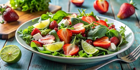 A plate of fresh salad with sliced strawberries, lime wedges, spinach, and cheese, presented on a wooden table with a fork nearby.