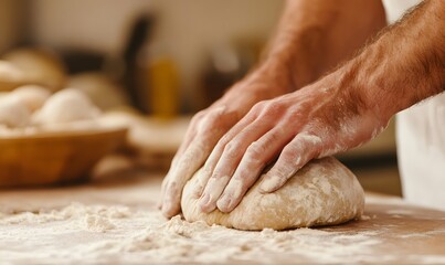 Hands kneading dough on a floured surface, Generative AI
