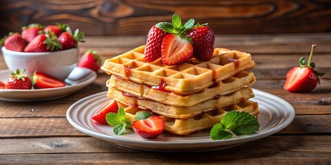 A stack of golden waffles topped with fresh strawberries and a hint of mint, presented on a white plate over a rustic wooden surface.