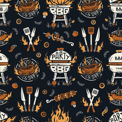 Obraz premium BBQ Party Time. Vector Seamless Food Pattern of Portable Charcoal Grill and Barbecue Meat and Vegetable. Meat Kebab or Shashlik and Barbeque Vegetable Skewer.