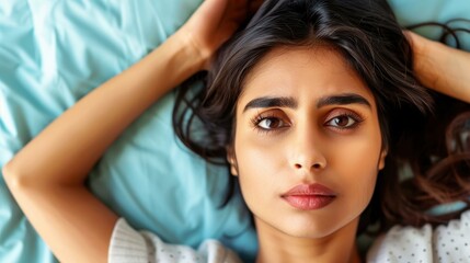 Fototapeta premium A stunning young woman rests comfortably in a clinic room, showcasing her beauty and serenity amidst her healing journey.