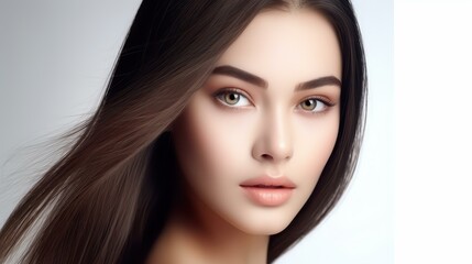 Fototapeta premium A stunning Asian woman flaunts her flawless skin and long brown hair, embodying the essence of beauty and health.