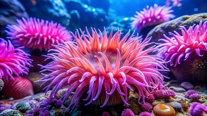 An underwater scene with vibrant pink sea anemones, displaying their delicate tentacles in a captivating underwater tableau.