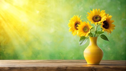 A bouquet of sunflowers in a yellow vase on a rustic wooden surface with a soft green and yellow background. © Pluto
